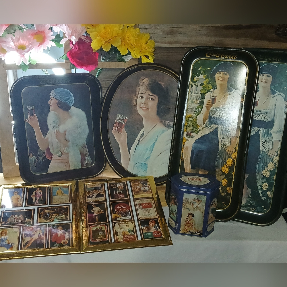 Vintage Coca-Cola Tray Set, Tin Can & Advertising Cards